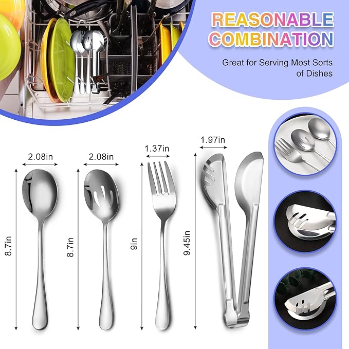 Patelai 8 Pieces Christmas Stainless Steel Silver Serving Utensils Set 8.7" Large Spoons and Slotted Spoon 9.45" Tong 9" Forks Flatware Wedding Party Buffet Banquet Cooking Kitchen Catering