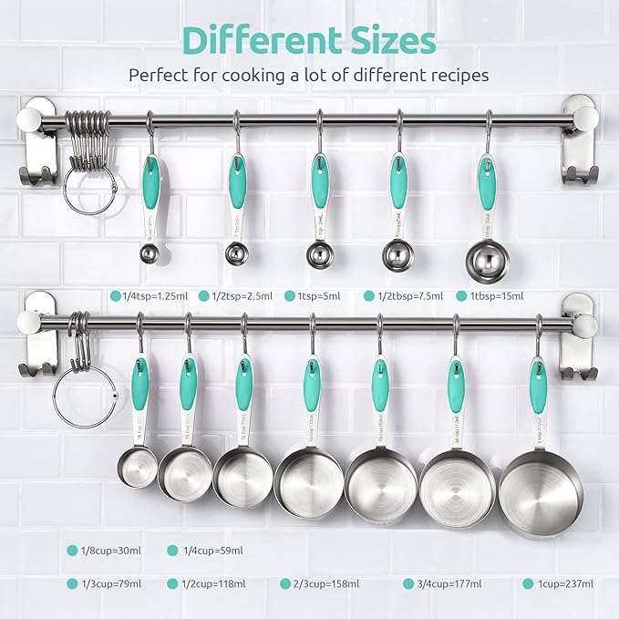 Measuring Cups and Spoons Set: U-Taste 18/8 Stainless Steel 12 Pieces Metal Stacking Kitchen Baking Cooking Food Measure Set 7 Cups 5 Spoons with Strengthened Weld Joints (Aqua Sky)