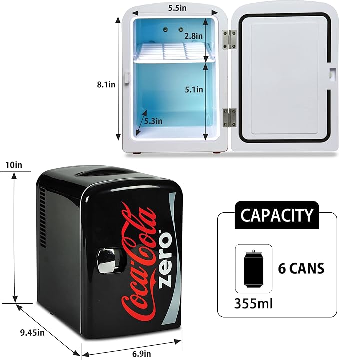 Coca-Cola Zero CZ04 4 Liter/4.2 Quarts 6 Can Portable Cooler/Mini Fridge, Beverages, Baby Food, Skincare and Medications-Use at Home, Office, Dorm, Car, RV or Boat-AC & DC Plugs Included, Black/Red