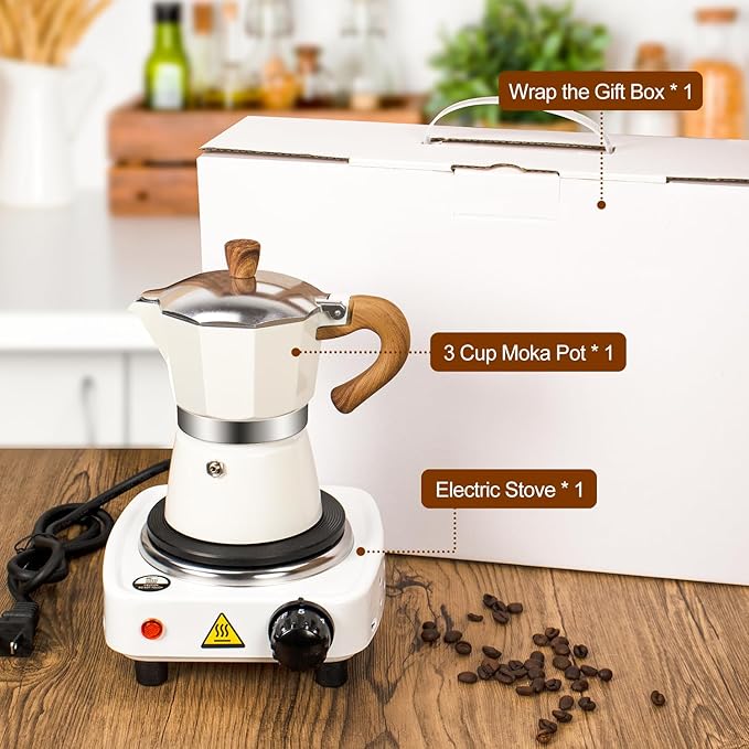 2-in-1 Moka Pot Espresso Set with Electric Stove 3 Cup Aluminum Stovetop Coffee Maker Percolator Italian Classic Mocha Coffee Machine for Italian and Cuban Cafe Brewing Portable Camping Travel