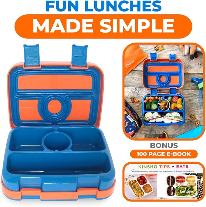 kinsho Bento Lunch Box for Kids Toddlers Boys, 5 Portion Sections Secure Lid, Microwave Safe BPA Free Removable Tray, Pre-School Kid Daycare Lunches Snack Container Ages 3 to 5, Blue Orange