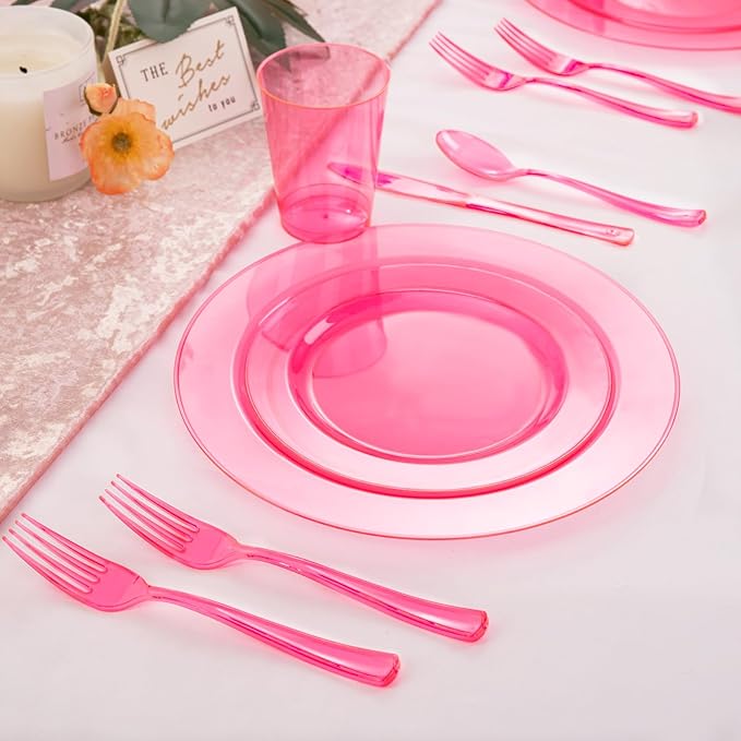WDF 180 Pieces Pink Plastic Silverware Disposable - Clear Pink Cutlery Sets 60 Forks, 60 Knives and 60 Spoons - Heavy Duty Disposable Utensils for Wedding, Party