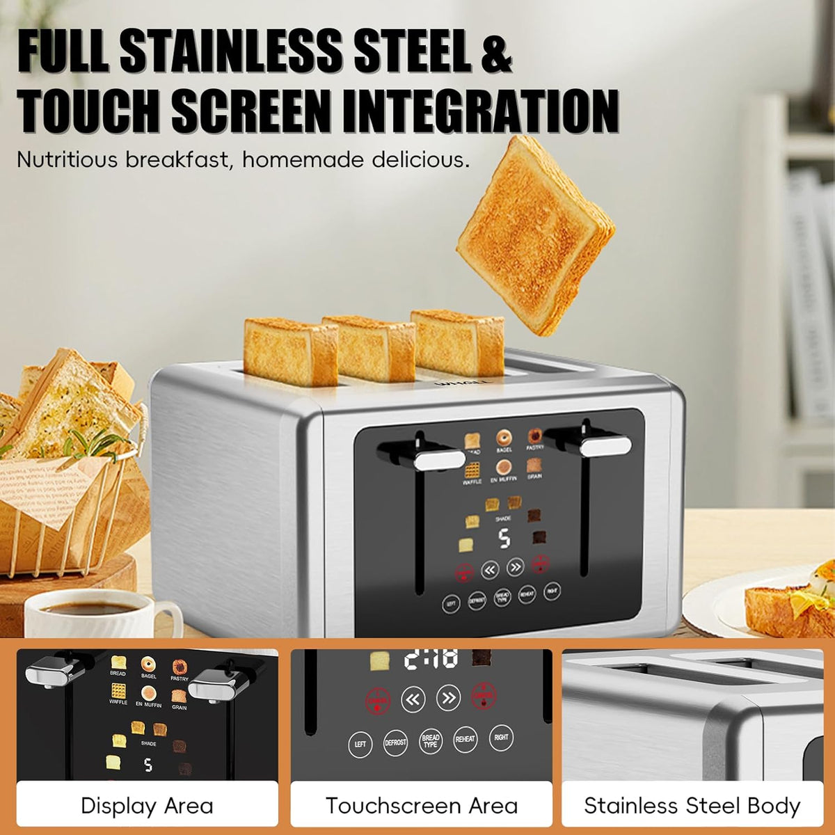 whall 4 Slice Touch Screen Toaster, Stainless Steel Toasters Digital Timer, Dual Control Panel Toasters，6 Shade Settings＆6 Bread Types, Smart Wide Slots, Bagel, Cancel, Defrost,Stainless Steel