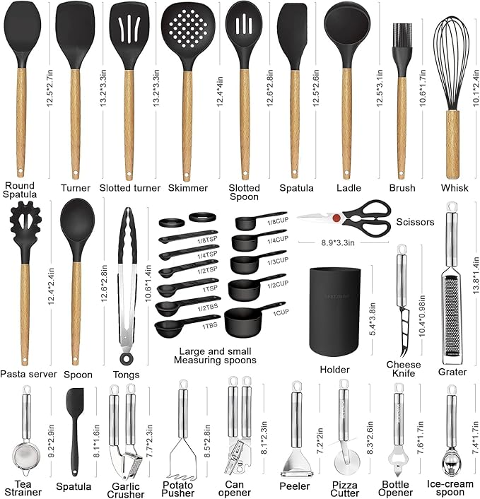Cooking Utensils Set- 35 PCs Kitchen Utensils with Grater,Tongs, Spoon Spatula &Turner Made of Heat Resistant Food Grade Silicone and Wooden Handles Kitchen Gadgets Tools Set for Nonstick Cookware