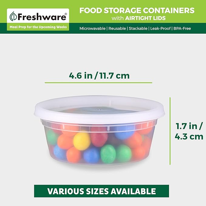 Freshware Food Storage Containers [50 Set] 8 oz Plastic Deli Containers with Lids, Slime, Soup, Meal Prep Containers, BPA Free, Stackable, Leakproof, Microwave, Dishwasher and Freezer Safe