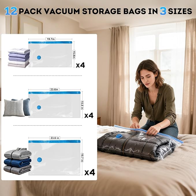 Mapambo Vacuum Seal Bags for Clothing Travel with Electric Pump, 12 Pack Vacuum Bags in 3 Combo sizes, Space Saver Vacuum Storage Bags, Reducing Luggage Volume by up to 80% (12 Combo Travel Size)