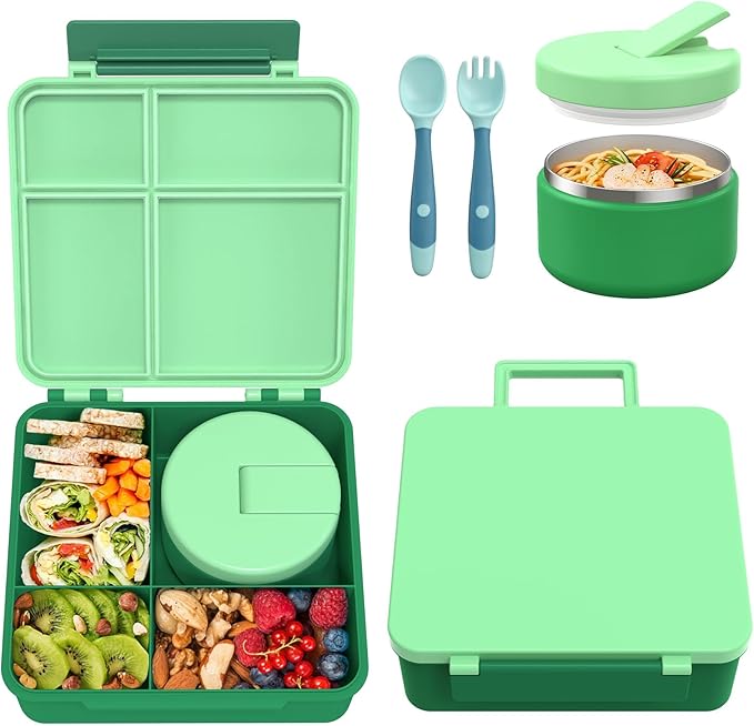 Bento Lunch Box with 8oz Soup Thermo, Kids Leakproof Lunch Food Containers with 4 Compartment, Kids Thermo Insulated Hot Food Jar for School, Trvael-Green