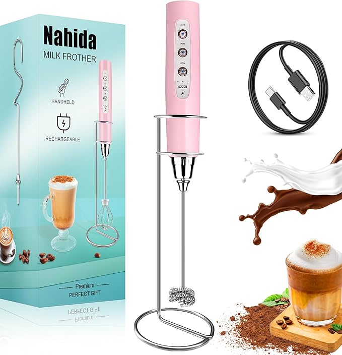 Nahida Rechargeable Milk Frother Wand for Coffee Include Stand - Pink