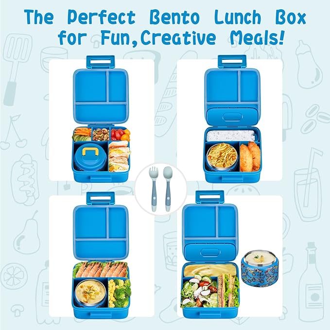 Bento Lunch Box for Kids With 8oz Soup thermo,Leak-proof Lunch Containers with 5 Compartment,thermo Food Jar and Lunch Bag, Food Containers for School (A-Blue(Extreme Locomotive))