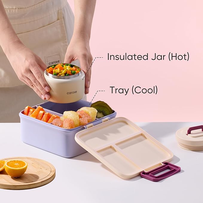 CAROTE Bento Box for Kids, Lunch Box Kids with 8oz Thermos for Hot Food, Lunch Container for Girls Boys, 3 or 5 Compartments with 2 Removable Dividers, BPA Free/Leak Proof/Dishwasher Safe