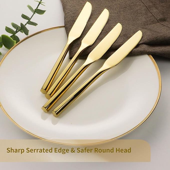 DEACORY Silverware Set Flatware Set Mirror Gold Cutlery Set Heavy Hexagon Handle Stainless Steel 20 Pieces Dishwasher Safe Service for 4