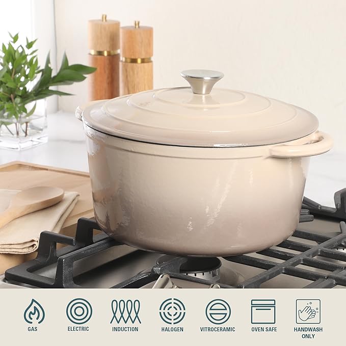 Gibson Home Addlestone 7 Qt Enameled Cast Iron Dutch Oven Pot with Lid – Round, Oven Safe to 500°F, Ideal for Bread Baking & Stews - Gradient Taupe
