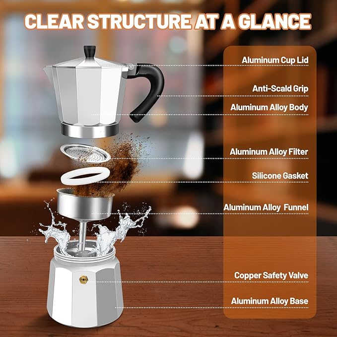 6 Cup Aluminum Espresso Stovetop Moka Pot Express Coffee Maker Percolator Italian Classic Mocha Coffee Machine for Italian and Cuban Cafe Brewing for Home & Camping 300ml 10oz