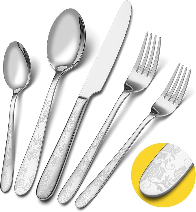 40 Piece Silverware Set, Service for 8, EIUBUIE Premium Stainless Steel Cutlery Set, Mirror Polished Flatware Sets with Pattern Handle, Modern Kitchen Eating Utensils Sets