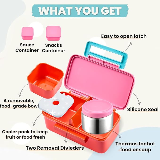 PIQUEBAR Kids Lunch Bento Box with 8oz Thermo Ice Pack Food Container with Insulated Lunch Bag, Insulated Water Bottle with Straw for Girls Boys, (A-Pink)