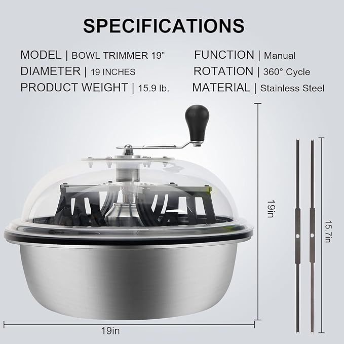 MELONFARM 19 in Bud Leaf Bowl Trimmer, Bud Bowl Trimmer with Switchable Stainless Steel Blades & Clear Visibility Dome, Hand Twist Spin Cutting Bud Trimmer for Buds, Flowers, Hydroponics Plants