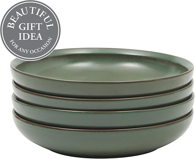 Gibson Elite Beckett 4-Piece 9 Inch Dinner Plate Bowl Set – Reactive Glaze Stoneware – Shallow Serving Pasta Bowls (Blate) – Wide-Rim Round Shape – Microwave & Dishwasher Safe - Green