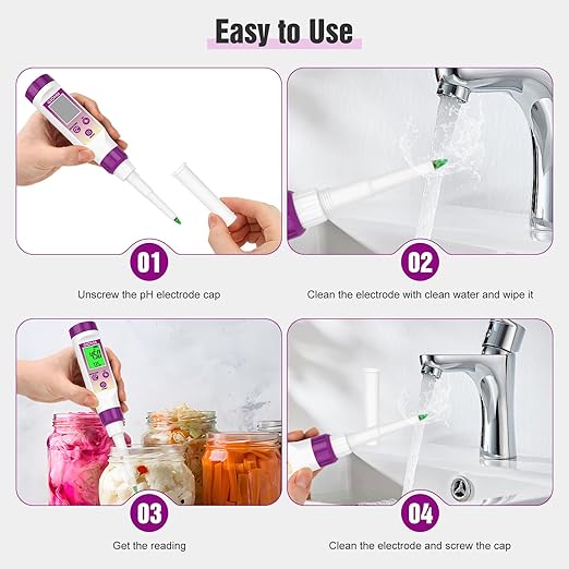 pH Meter Food Digital Electronic pH Tester for Fermentation 3*50ml pH Buffer Calibration Solution Kits Hot Sauce Food Tester Probe for Cheese Sourdough pH Temperature pH Test Strips for Acidity