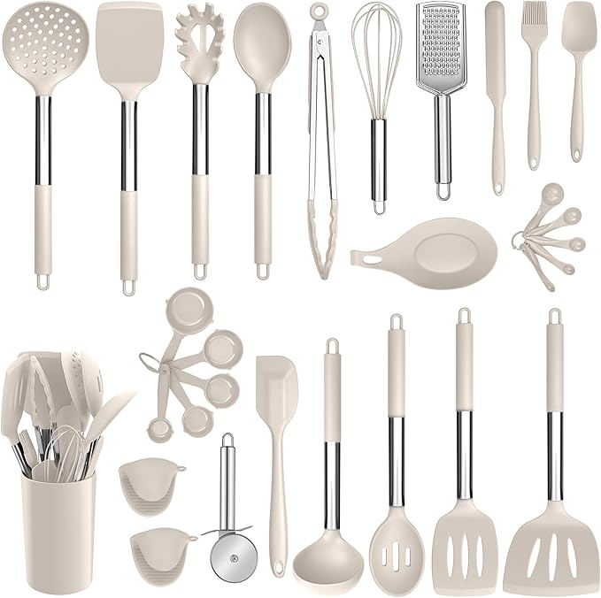 E-far Silicone Cooking Utensils Set, 30 Pcs Heat Resistant Kitchen Utensils with Stainless Steel Handle, Heat Resistant Kitchen Spatulas Turner Tong Spoon Whisk Ladle for Nonstick Cookware, Khaki