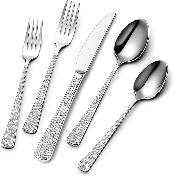 Yoehka 60-Piece Hammered Silverware Set for 12, Stainless Steel Flatware Set with Tree Pattern Handles, Mirror Polished Cutlery/Utensils Set for Home, Restaurant, Hotel, Dishwasher safe