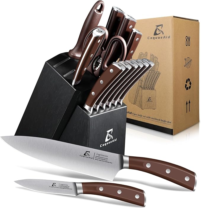 15 Piece Forged Triple Rivet Knife Block Set with Knife Sharpener, High Carbon Japanese Stainless Steel Kitchen Knives, Sharp Kitchen Knife Set with Block, Black-Brown