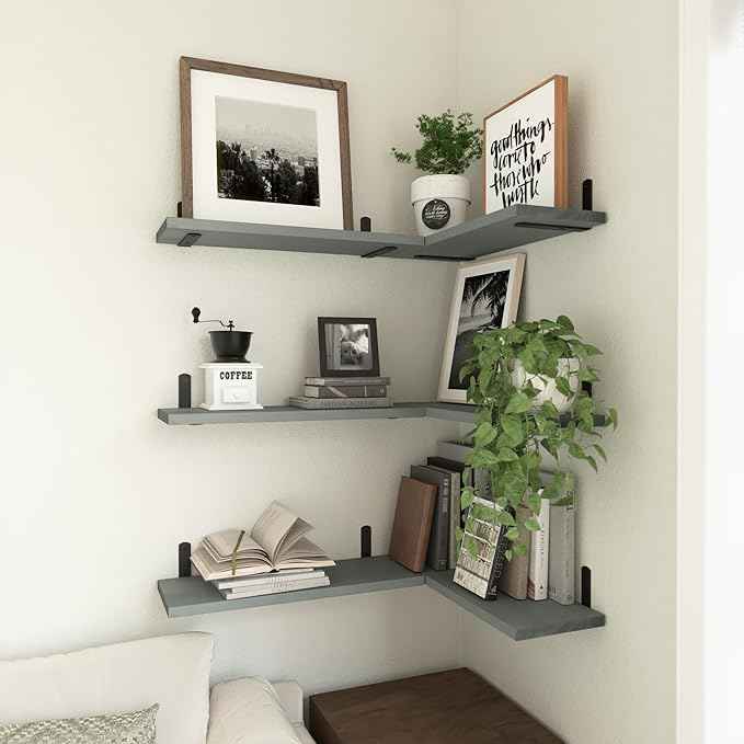 WOPITUES Wood Floating Shelves Set of 6, Shelves for Wall Decor, Farmhouse Shelf for Bedroom, Bathroom Storage Shelves, Book Shelves for Living Room-Grey