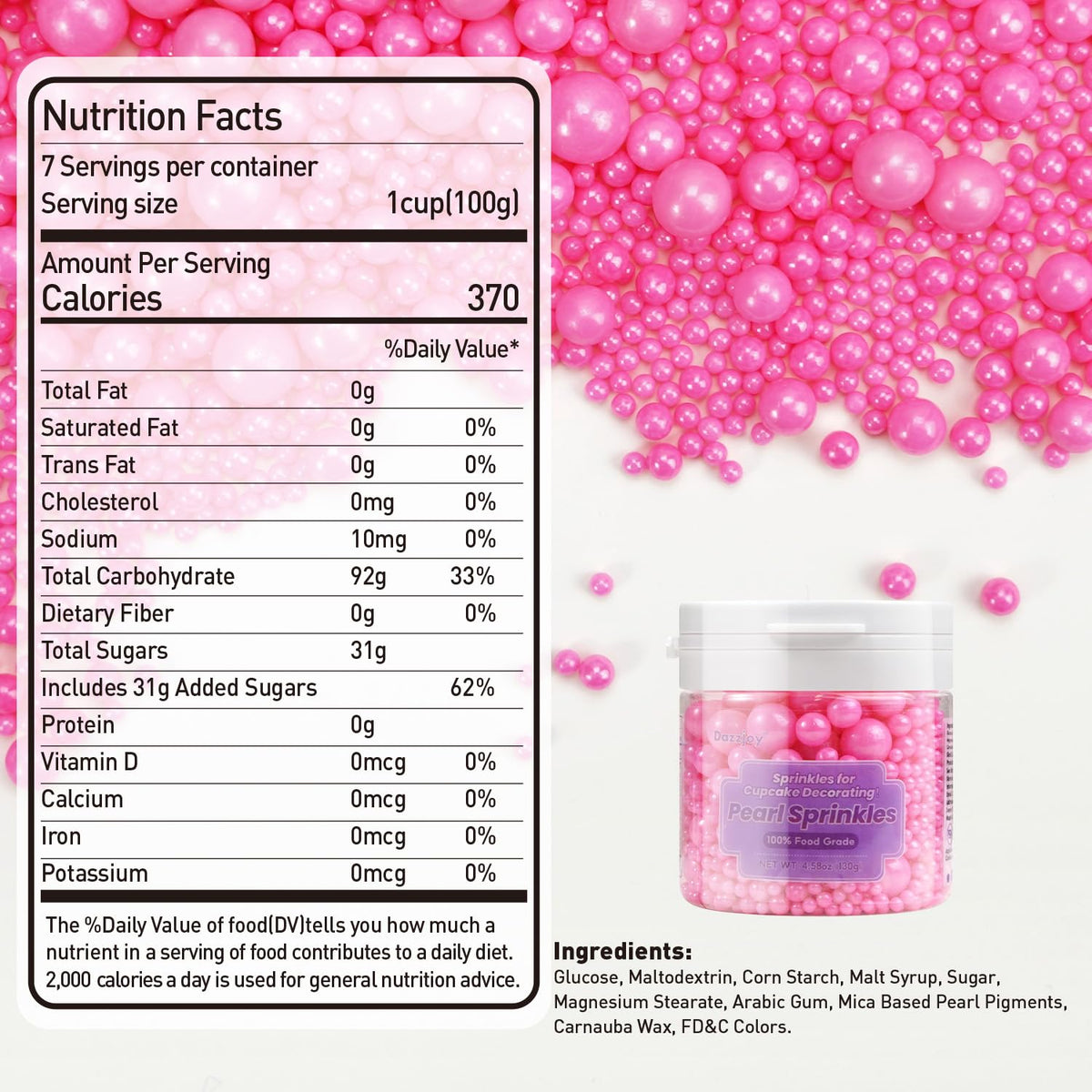Dazzjoy Edible Hot Pink Pearl Sprinkles, Edible Sugar Candy, 130g/4.58oz, Pink Ball Pearls for Cake Decorating, Cupcake Toppers