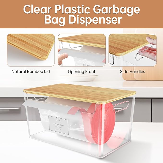 2 Pack Trash Bag Holder Under Sink Stackable, Plastic Garbage Dispenser with Lid, Trash Bag Storage Dispenser Roll Holder for Kitchen, Pantry, Laundry Room Organization