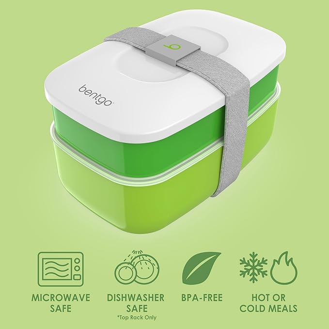 Bentgo Classic - Adult Bento Box, Stackable 3-Compartment Lunch Box with Removable Utensil Set and Sealing Strap, BPA-Free, Food Container Ideal for Meal Prep, Work, and On the Go (Green)