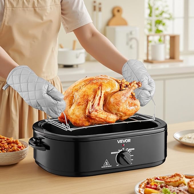 VEVOR Roaster Oven, 18QT Fast-Cooking Turkey Roaster, 150-450℉ Adjustable Temperature Turkey Oven with Self-Basting Lid, Removable Pan and Rack, Defrost & Warm Function, Electric Roasting Pan for Home
