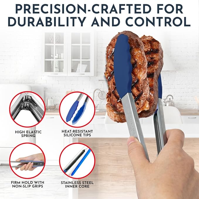 Kitchen Tongs for Cooking with Silicone Tips, Heat Resistant Tongs for Serving Food, 7-Inch, 9-Inch, 12-Inch Locking Silicone Tong, Set of 3 Salad Tong, Blue Kitchen Utensils