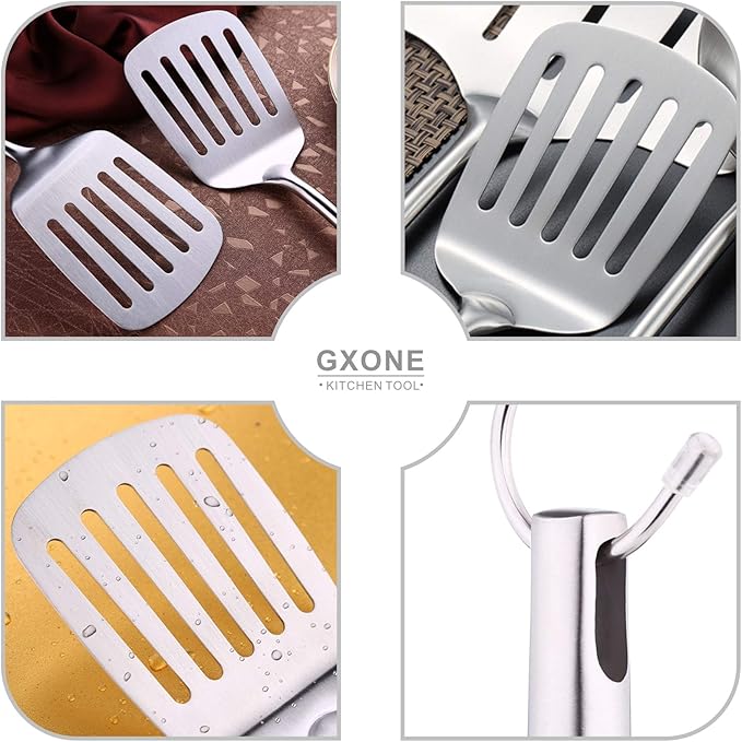 Stainless Steel Slotted Spatula,Cooking Utensil For Kitchen Use With Hollow Handle,Silver/14.9Inch