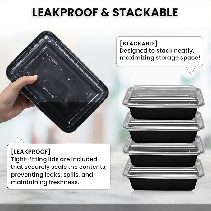 Klex 32 Oz, 50 Sets Meal Prep Containers with Airtight Lids, BPA Free, Reusable Plastic Food Container, 32 oz, Rectangular, Black/Clear, 50 Sets
