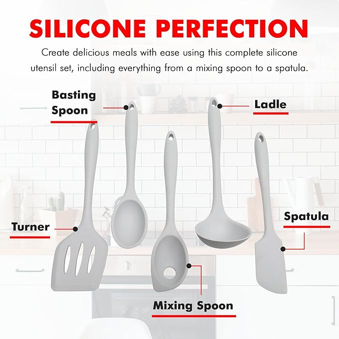 Chef Craft - Premium Silicone Kitchen Tools and Utensils Set, Non-Scratch, Withstands Temperatures up to 450°F, BPA-Free, 5 Piece Cooking Utensils Set, Gray