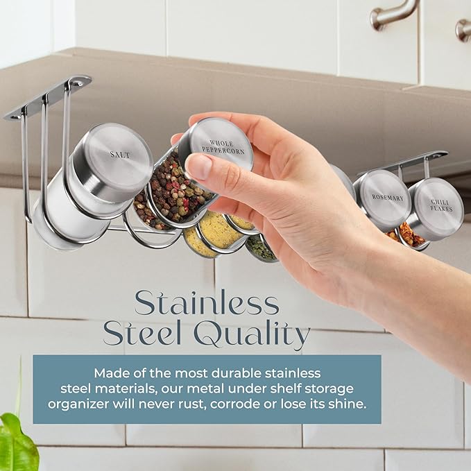 Under Cabinet Spice Rack With 6 Glass Spice Jars & 21 Labels Stainless Steel Spice Storage Rack- Mountable Under Shelf Hanging Spice Rack Holder- Seasoning Kitchen Organizer