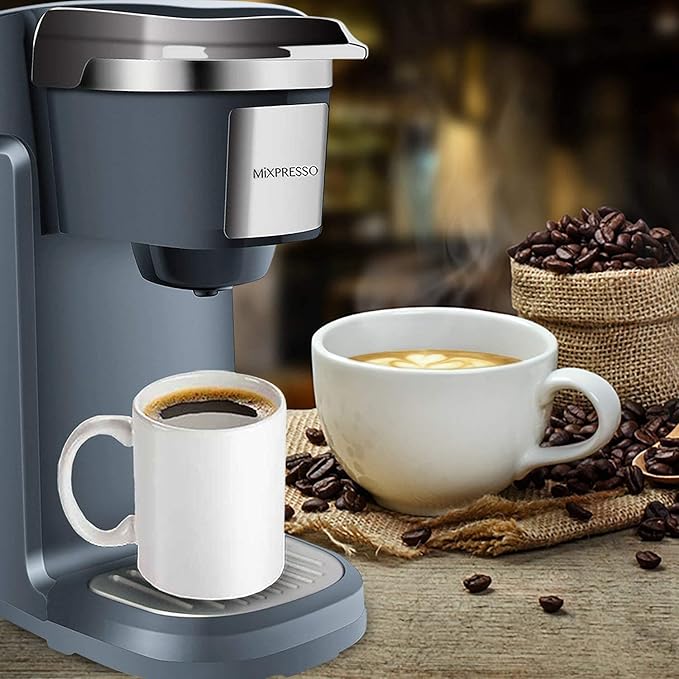 Mixpresso Single Cup Coffee Brewer - Quick Brew, One Touch Function, 12oz One Cup Grey Coffee Maker