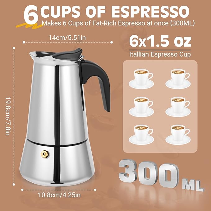 Moka Pot, 6 Cups (10.6 oz) Stovetop Espresso Maker, 304 Stainless Steel Moka Pot, Induction Compatible, Silver