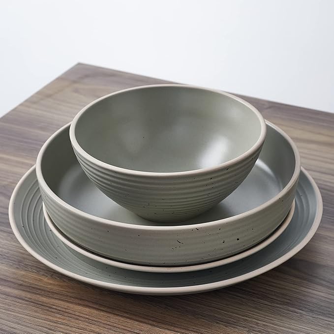 Stone Lain Lauren Stoneware, Rustic Plates and Bowls Set, Dinnerware, Service for 8, Speckled Green, Dishwasher & Microwave Safe, 32-Piece