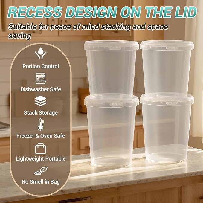 12 Pack 32 oz Clear Plastic Bucket with Lid, Food Storage Containers, Freezer Plastic Cups, Leakproof, BPA Free, Microwave & Dishwasher Safe Takeout Container - Ideal for Soup and More