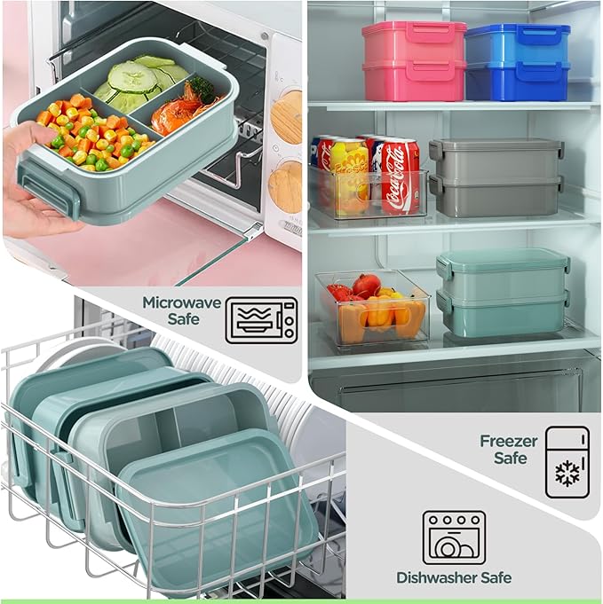 DaCool 2 Pack Adults Lunchbox Bento Box 74 OZ Stackable Lunch Box for Kids Adults Men Women Teens Leakproof Bento Large Lunch Box Container with Fork Spoon Sauce Box for School Work,Grey,Morandi-Green