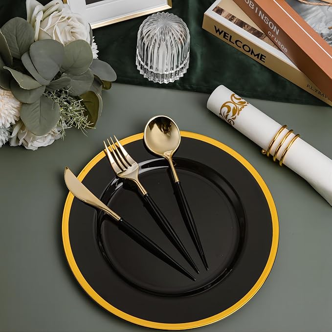 N9R 150Pcs Gold Plastic Silverware - Gold Disposable Cutlery Set with Black Handles with 50 Forks, 50 Spoons and 50 Knives - Perfect for Parties,Halloween, Birthdays, Wedding and Everyday Use