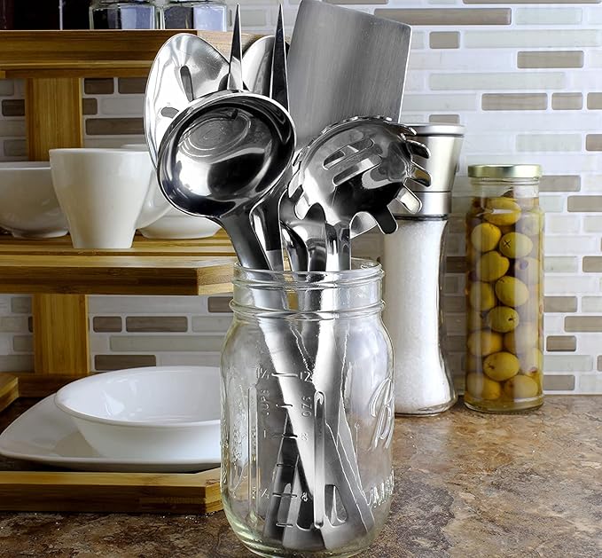 Darware Complete Serving Set (6-Piece, Silver); w/Pasta Server, Fork, Slotted Spoon, Ladle, & Cake/Casserole Server
