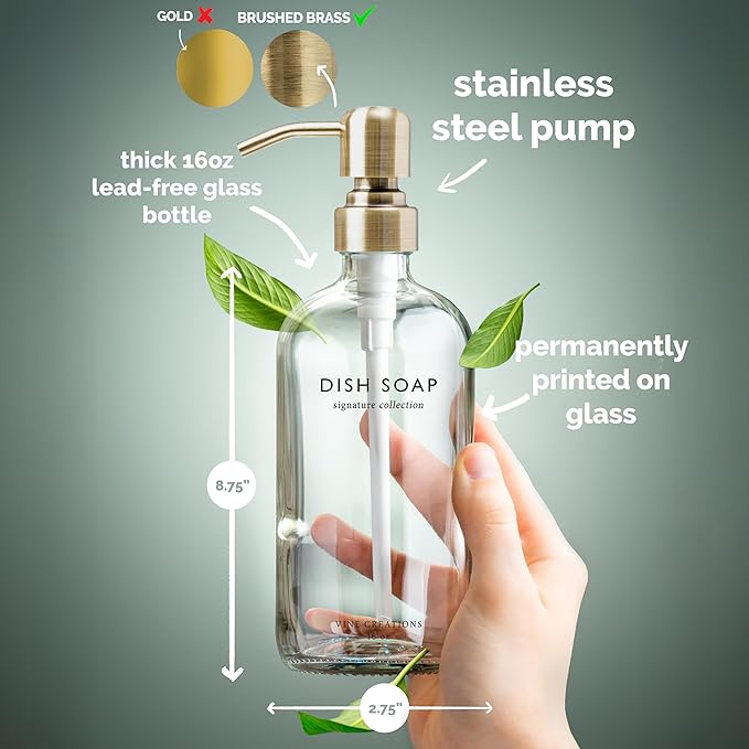 Vine Creations Clear Glass Soap Dispenser Set, Dish Soap and Hand Soap Dispenser Set with Stainless Steel Pump, 16 oz Glass Dispensers for Kitchen Bathroom Decor (Clear Bottle/Brushed Brass Pump)