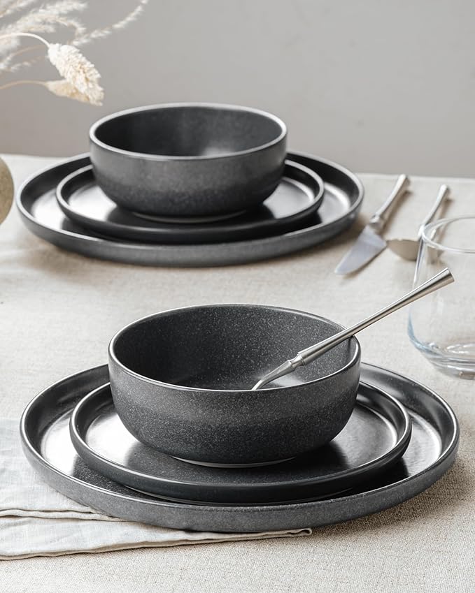 Famiware Milkyway Plates and Bowls Sets, 12 Pieces Dinnerware Sets, Reactive Glaze Dish Set, Stoneware Dishes Set for 4, Matte Dark Charcoal