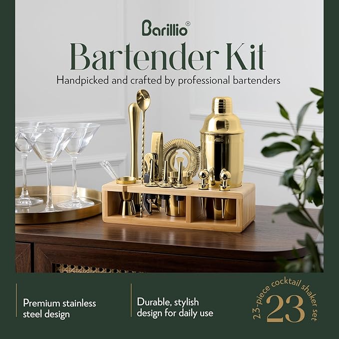 Barillio Gold Bartender Kit - Stainless-Steel Cocktail Shaker Set w/Bamboo Stand - Mixology Bar Tools w/Drink Shaker, Mixer Spoon and Muddler for Cocktails - Home Bar Accessories - 23-Pc Bar Set