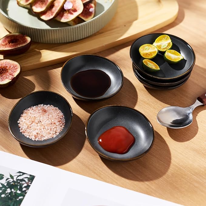 famiware Ocean Soy Sauce Dishes of 6, Oval Dipping Sauce Cups/Bowls for Kitchen, 2.1oz Ceramic Small Bowls for Side Dish, Appetizers, Snacks, and Sushi, Reactive Glaze, Dishwasher Safe, Matte Black