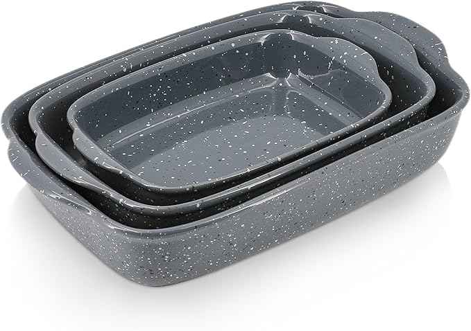 Ceramic Bakeware Dish Set of 3, Rectangular Baking Casserole for Oven,High Heat Resistant,Lasagna Pan Deep with Handles,Handcraft Speckle Series (13.8''/12''/9.6''Grey)