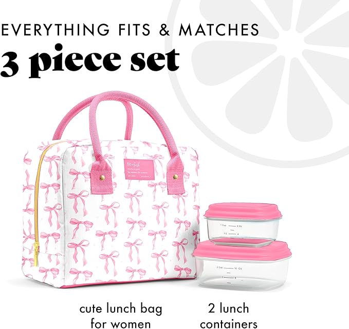 Fit & Fresh Bloomington Lunch Bag for Women - Insulated Large Lunch Box for Work with Containers, Leak-Resistant, Stain-Resistant, Zipper Closure, Pink Bows