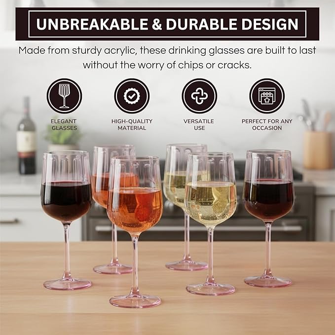 Khen Acrylic Lucia Stemmed Goblets - Unbreakable Wine Glasses Reusable Drinking Cups Dishwasher Safe Elegant Stemware for Cocktail Champagne | Kitchen Bar Party | Set of 6 |14oz | Lilac