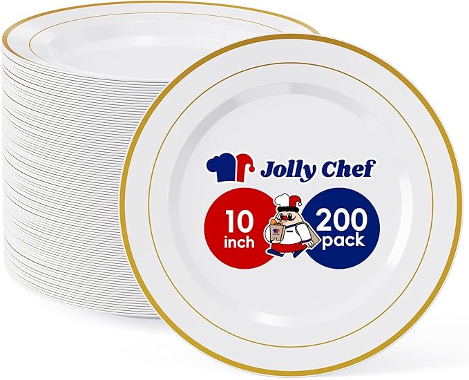 JOLLY CHEF 200 Pieces Gold Plastic Plates, 10 Inch Elegan Disposable Plates White Plate with Gold Rim,Plastic Plates for Thanksgiving、Birthdays and Weddings